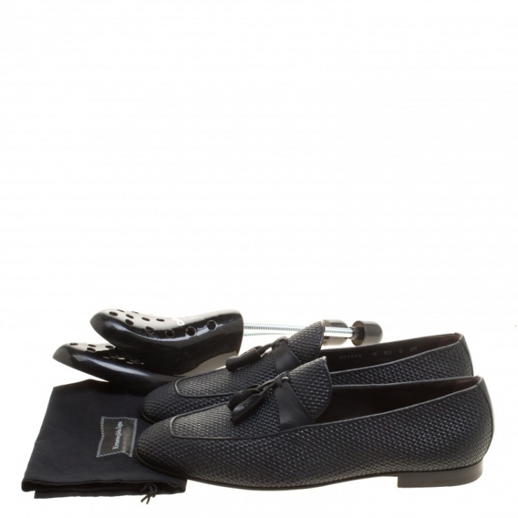 Pre Owned Ermenegildo Zegna Black Woven Leather Lido Tassel Loafers Size 42