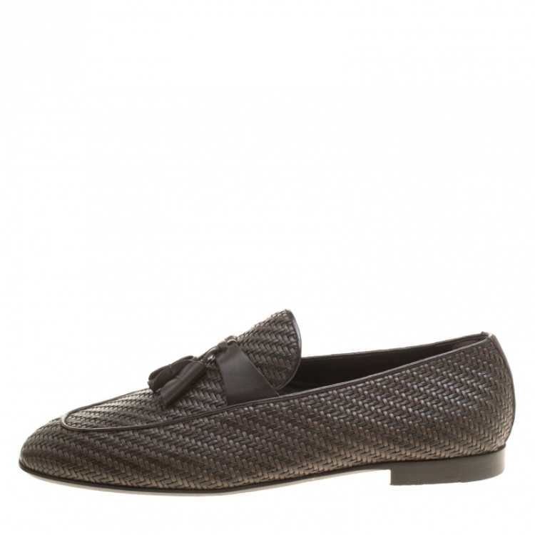Pre Owned Ermenegildo Zegna Brown Woven Leather Lido Tassel Loafers Size 42