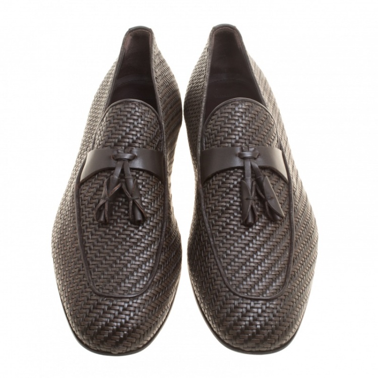 Pre Owned Ermenegildo Zegna Brown Woven Leather Lido Tassel Loafers Size 42