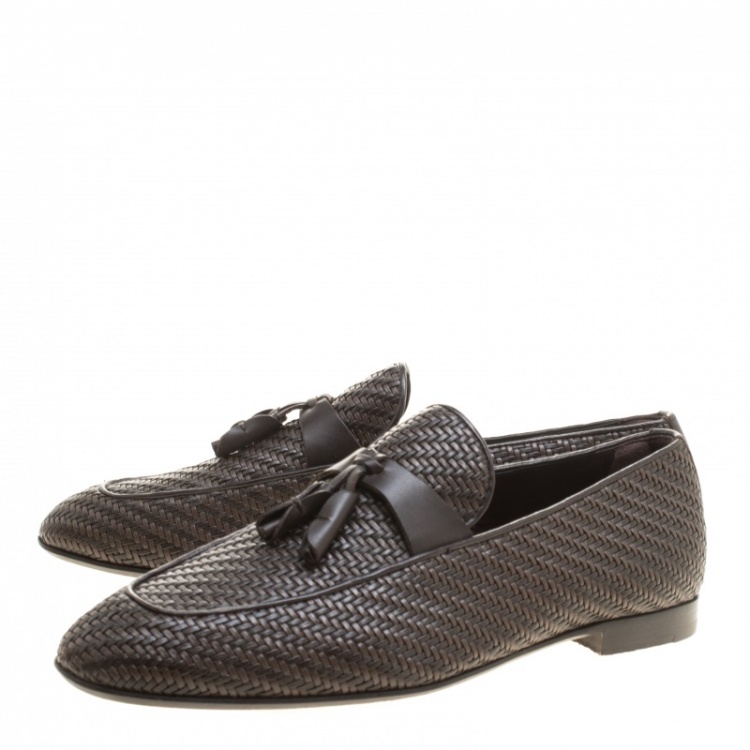 Pre Owned Ermenegildo Zegna Brown Woven Leather Lido Tassel Loafers Size 42