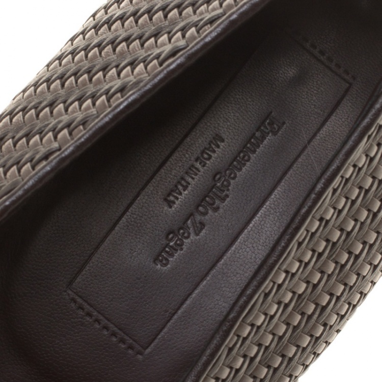 Pre Owned Ermenegildo Zegna Brown Woven Leather Lido Tassel Loafers Size 42