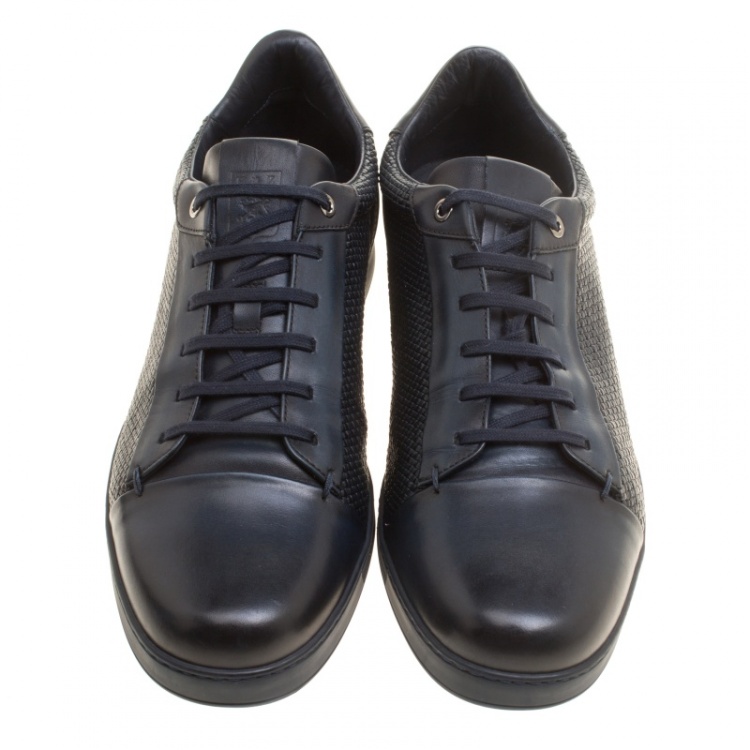 Pre Owned Ermenegildo Zegna Navy Blue Leather Woven Detail Lace Up Sneakers Size 42.5
