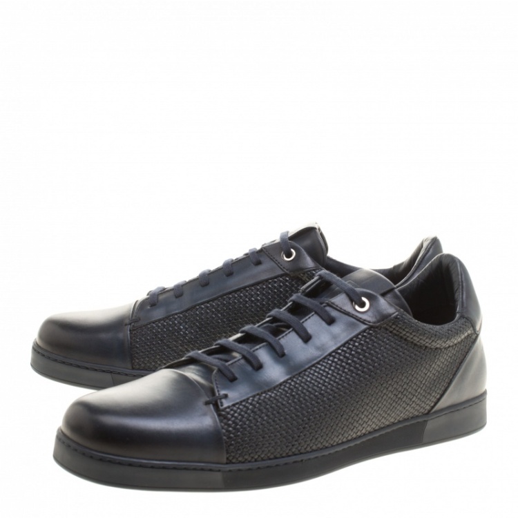 Pre Owned Ermenegildo Zegna Navy Blue Leather Woven Detail Lace Up Sneakers Size 42.5