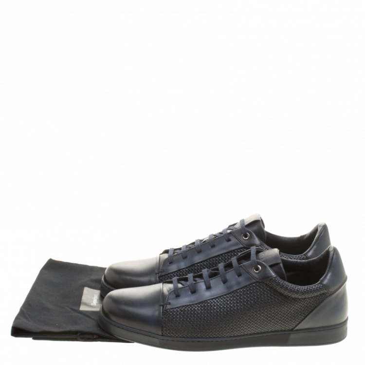 Pre Owned Ermenegildo Zegna Navy Blue Leather Woven Detail Lace Up Sneakers Size 42.5