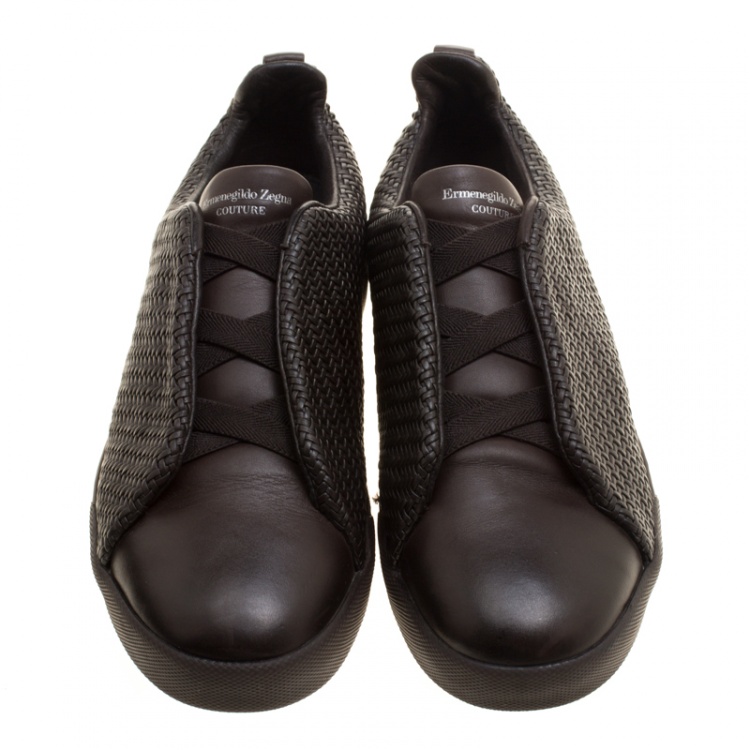 Pre Owned Ermenegildo Zegna Couture Dark Brown Woven Leather Pelle Tessuta Triple Stitch Slip On Sneakers Size 41