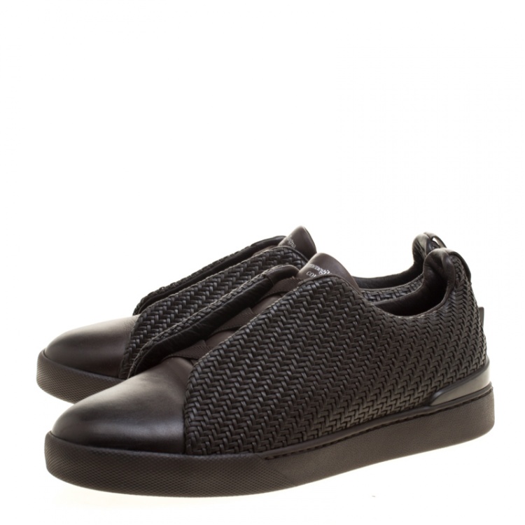 Pre Owned Ermenegildo Zegna Couture Dark Brown Woven Leather Pelle Tessuta Triple Stitch Slip On Sneakers Size 41