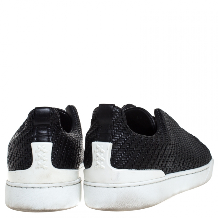 Pre Owned Ermenegildo Zegna Couture Black Woven Leather Pelle Tessuta Triple Stitch Slip On Sneakers Size 44