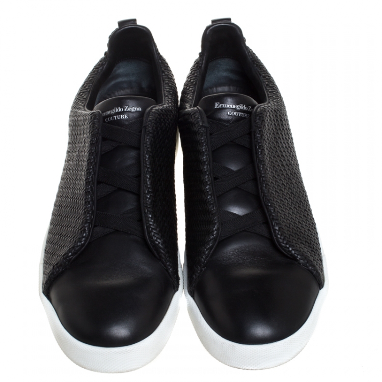 Pre Owned Ermenegildo Zegna Couture Black Woven Leather Pelle Tessuta Triple Stitch Slip On Sneakers Size 44