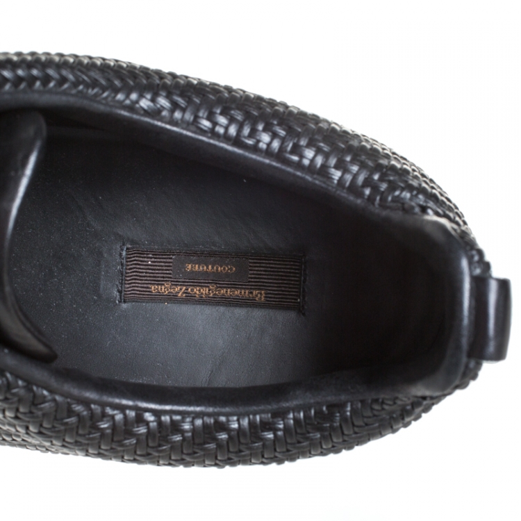 Pre Owned Ermenegildo Zegna Couture Black Woven Leather Pelle Tessuta Triple Stitch Slip On Sneakers Size 44