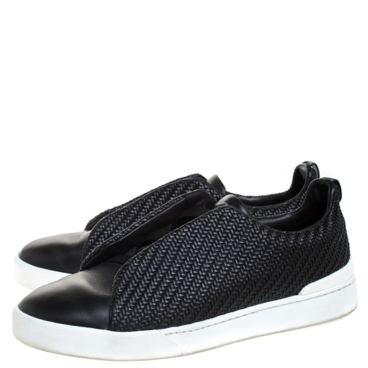 Pre Owned Ermenegildo Zegna Couture Black Woven Leather Pelle Tessuta Triple Stitch Slip On Sneakers Size 44