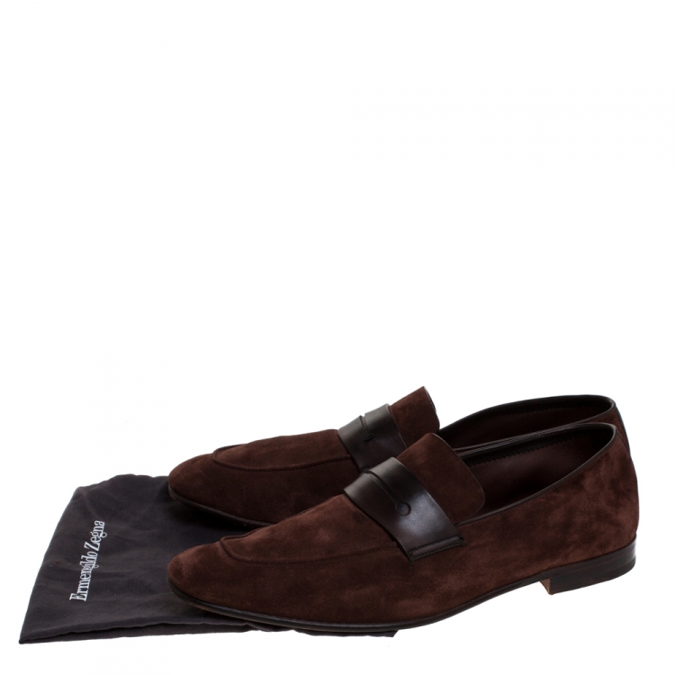 Pre Owned Ermenegildo Zegna Brown Suede Asola Penny Loafers Size 44