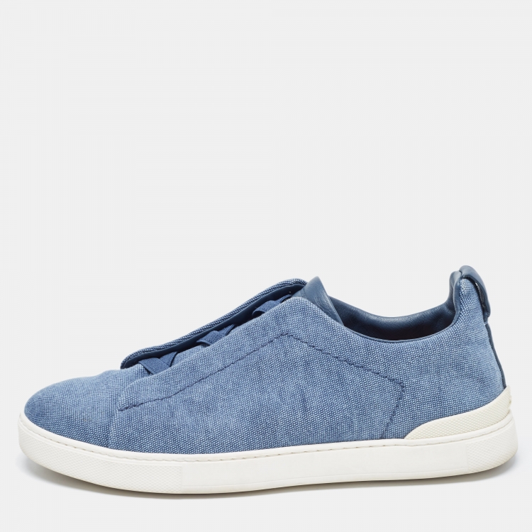 Pre Owned Ermenegildo Zegna Blue Denim Triple Stitch Low Top Sneakers Size 43