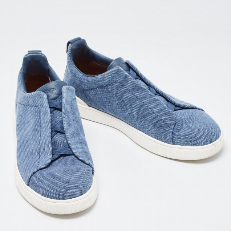 Pre Owned Ermenegildo Zegna Blue Denim Triple Stitch Low Top Sneakers Size 43