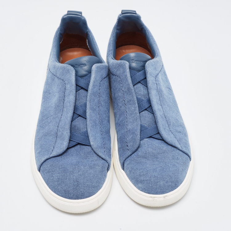 Pre Owned Ermenegildo Zegna Blue Denim Triple Stitch Low Top Sneakers Size 43