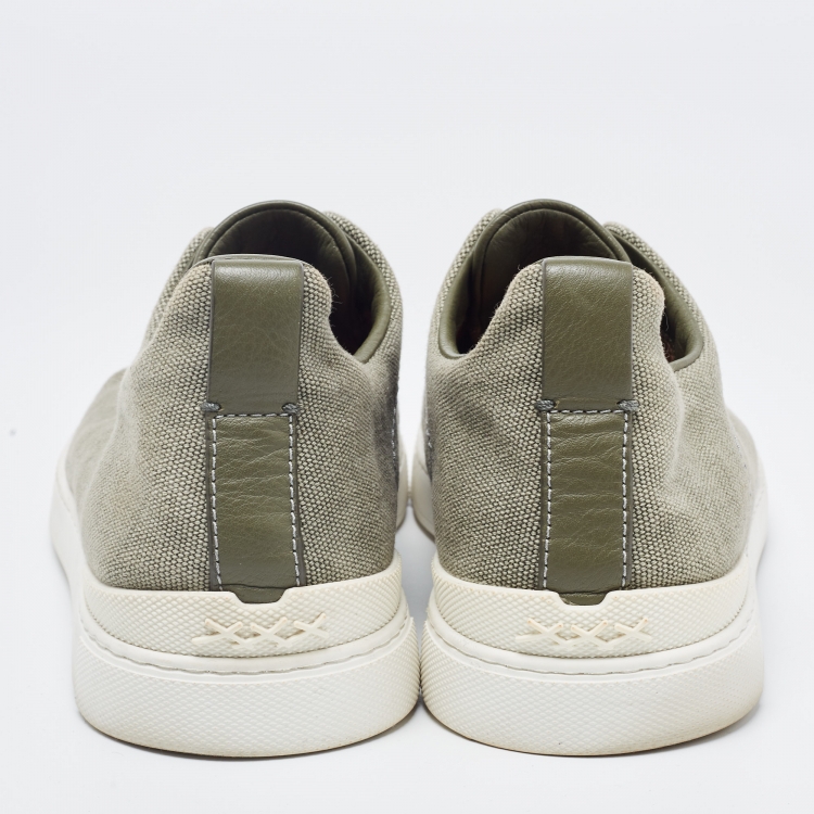 Pre Owned Ermenegildo Zegna Olive Green Denim Triple Stitch Low Top Sneakers Size 42.5