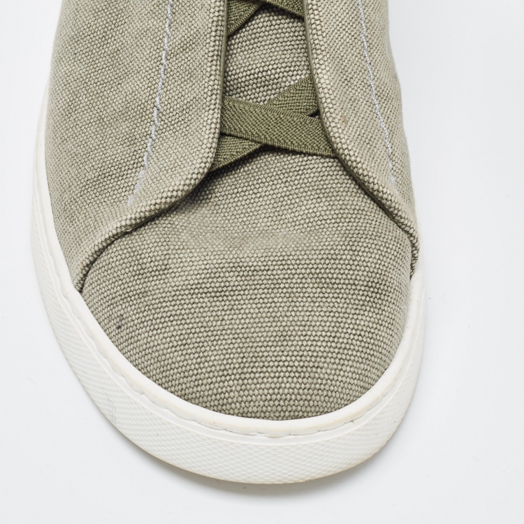Pre Owned Ermenegildo Zegna Olive Green Denim Triple Stitch Low Top Sneakers Size 42.5