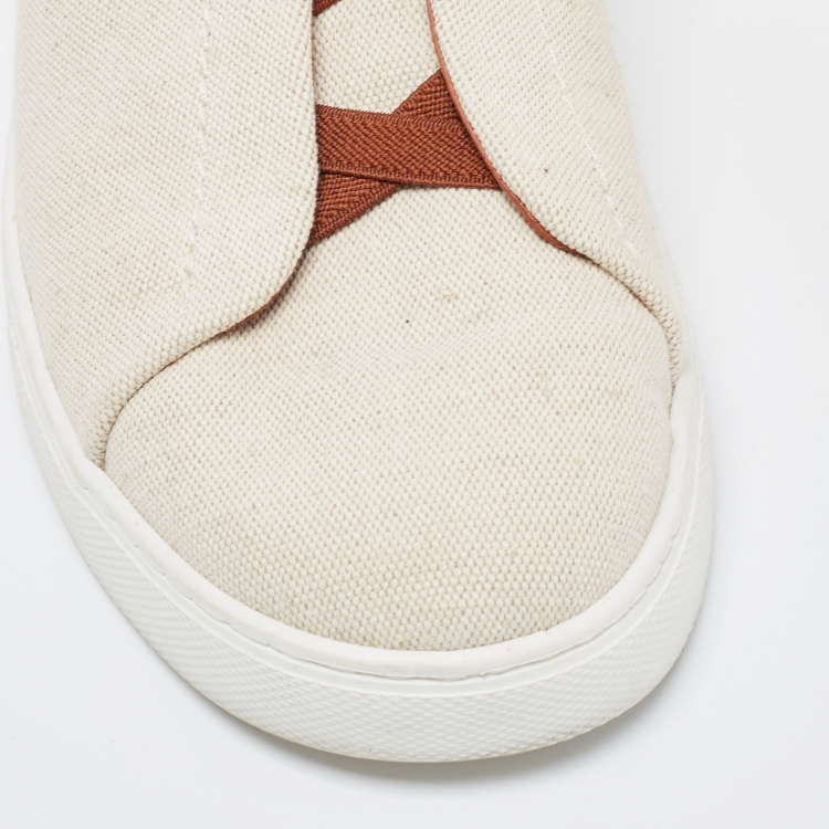 Pre Owned Ermenegildo Zegna Cream/Brown Canvas Triple Stitch Low Top Sneakers Size 42.5