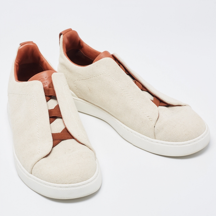 Pre Owned Ermenegildo Zegna Cream/Brown Canvas Triple Stitch Low Top Sneakers Size 42.5