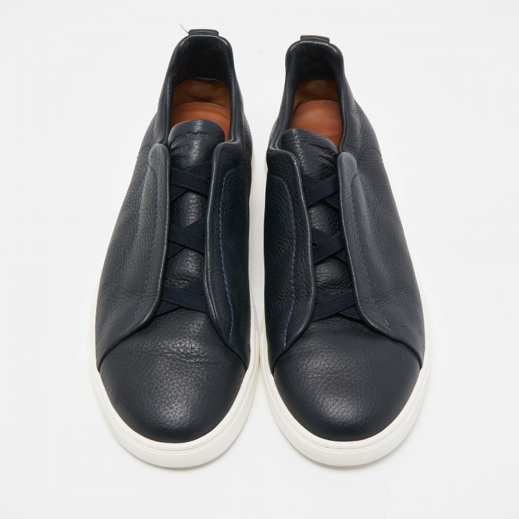 Pre Owned Ermenegildo Zegna Black/Navy Blue Leather and Suede Triple Stitch Slip-On Sneakers Size 43