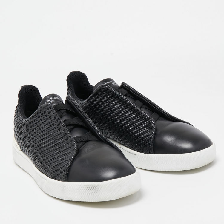 Pre Owned Ermenegildo Zegna Black Woven Leather Pelletessuta Triple Stitch Sneakers Size 43.5