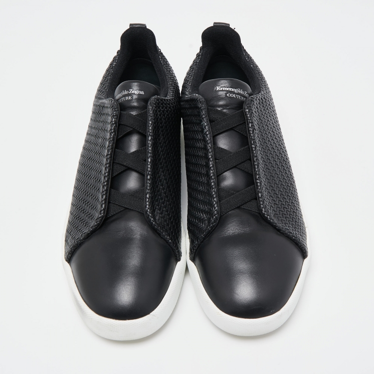 Pre Owned Ermenegildo Zegna Black Woven Leather Pelletessuta Triple Stitch Sneakers Size 43.5