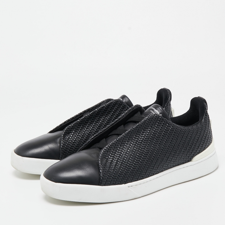 Pre Owned Ermenegildo Zegna Black Woven Leather Pelletessuta Triple Stitch Sneakers Size 43.5