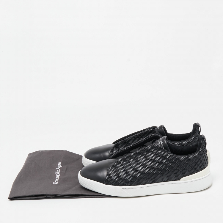 Pre Owned Ermenegildo Zegna Black Woven Leather Pelletessuta Triple Stitch Sneakers Size 43.5