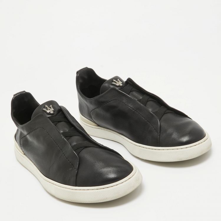 Pre Owned Ermenegildo Zegna Black Leather Triple Stitch Low Top Sneakers Size 42
