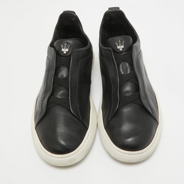 Pre Owned Ermenegildo Zegna Black Leather Triple Stitch Low Top Sneakers Size 42