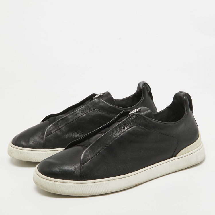Pre Owned Ermenegildo Zegna Black Leather Triple Stitch Low Top Sneakers Size 42
