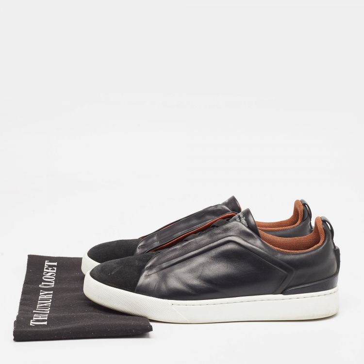 Pre Owned Ermenegildo Zegna Black Leather Triple Stitch Low Top Sneakers Size 42.5