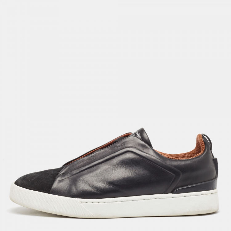 Pre Owned Ermenegildo Zegna Black Leather Triple Stitch Low Top Sneakers Size 42.5