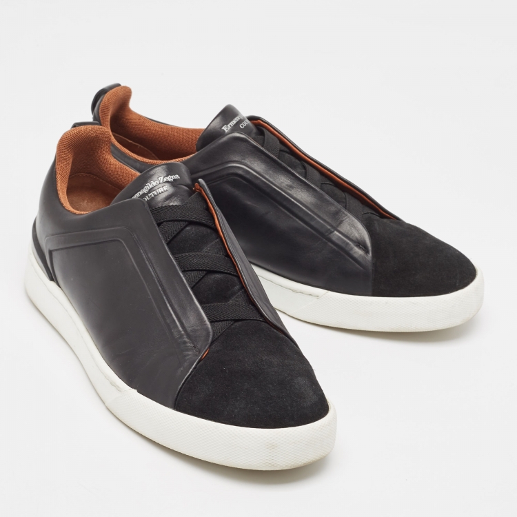 Pre Owned Ermenegildo Zegna Black Leather Triple Stitch Low Top Sneakers Size 42.5
