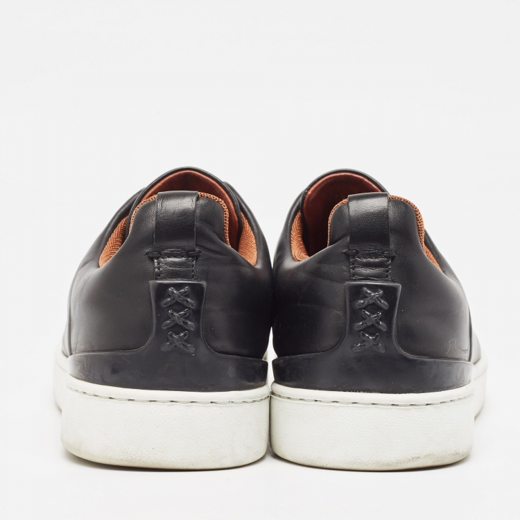 Pre Owned Ermenegildo Zegna Black Leather Triple Stitch Low Top Sneakers Size 42.5