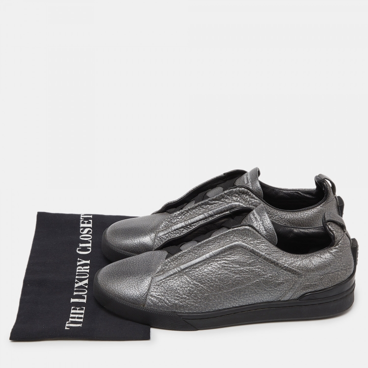 Pre Owned Ermenegildo Zegna Metallic Grey Leather Triple Stitch Sneakers Size 43