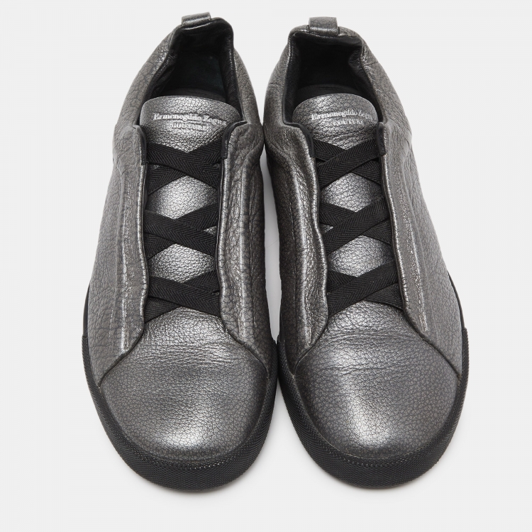 Pre Owned Ermenegildo Zegna Metallic Grey Leather Triple Stitch Sneakers Size 43