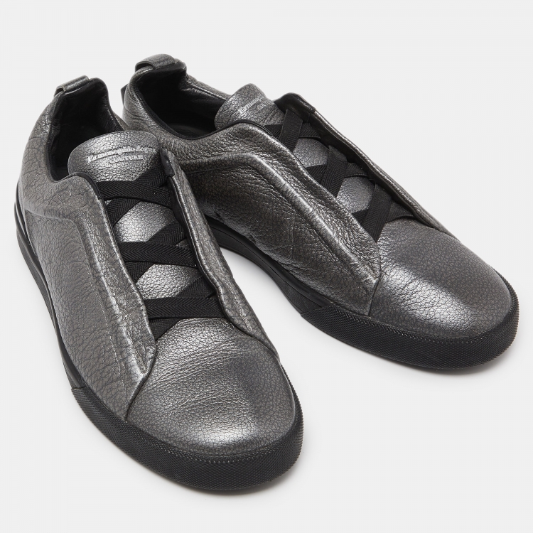 Pre Owned Ermenegildo Zegna Metallic Grey Leather Triple Stitch Sneakers Size 43