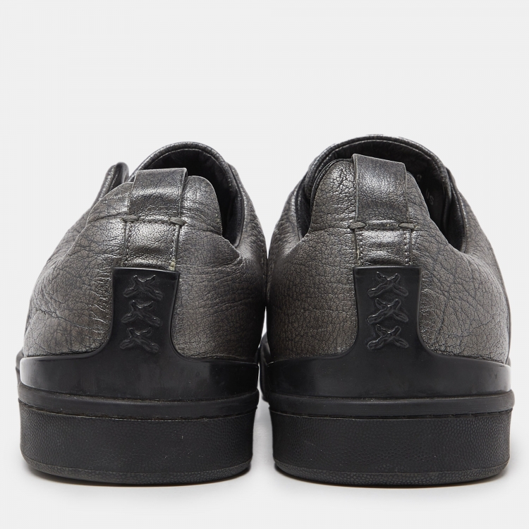 Pre Owned Ermenegildo Zegna Metallic Grey Leather Triple Stitch Sneakers Size 43