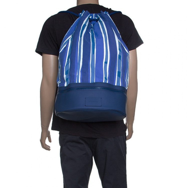 Pre Owned Ermenegildo Zegna Blue/White Striped Fabric and Leather Drawstring Backpack