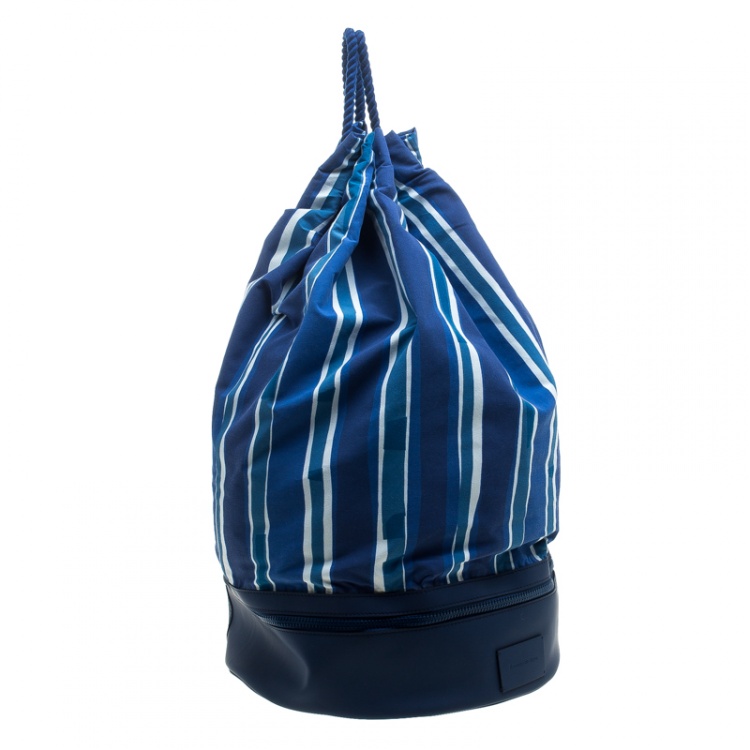Pre Owned Ermenegildo Zegna Blue/White Striped Fabric and Leather Drawstring Backpack