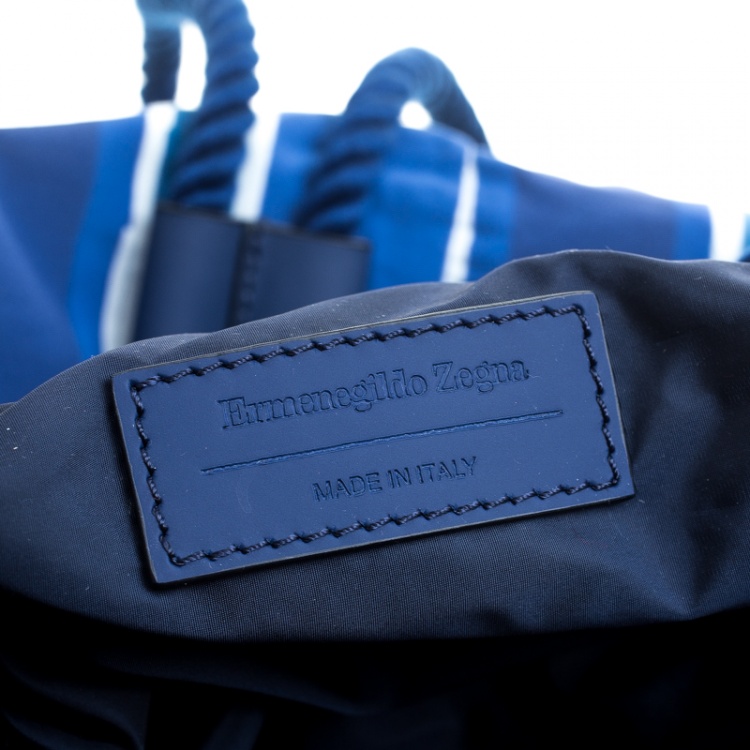 Pre Owned Ermenegildo Zegna Blue/White Striped Fabric and Leather Drawstring Backpack