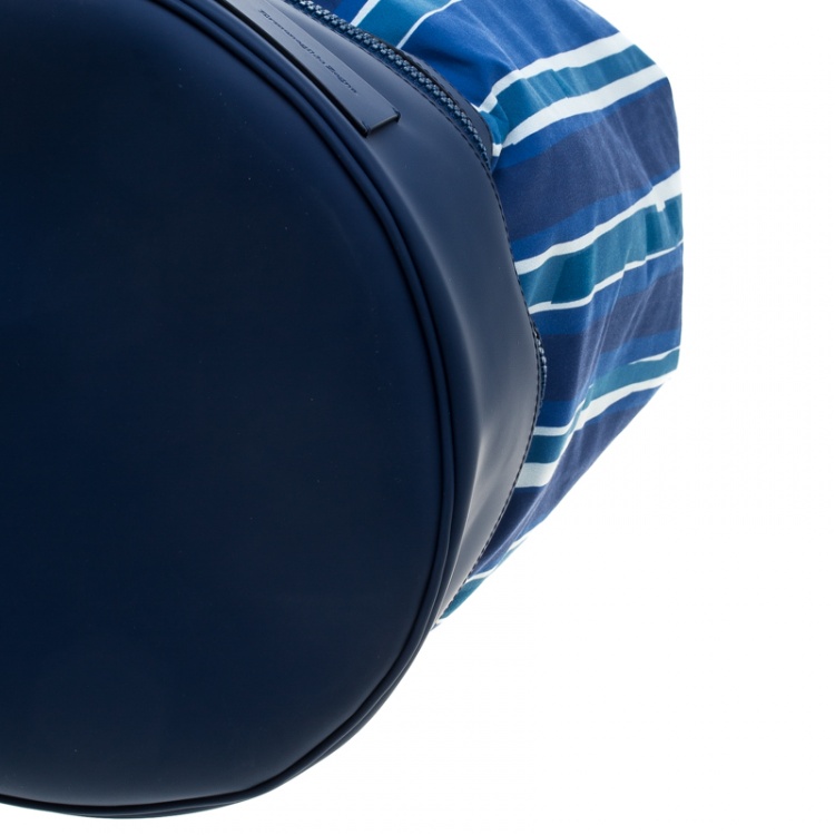 Pre Owned Ermenegildo Zegna Blue/White Striped Fabric and Leather Drawstring Backpack