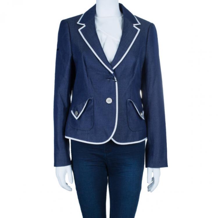 Pre Owned Escada Contrast Piped Navy Blazer S