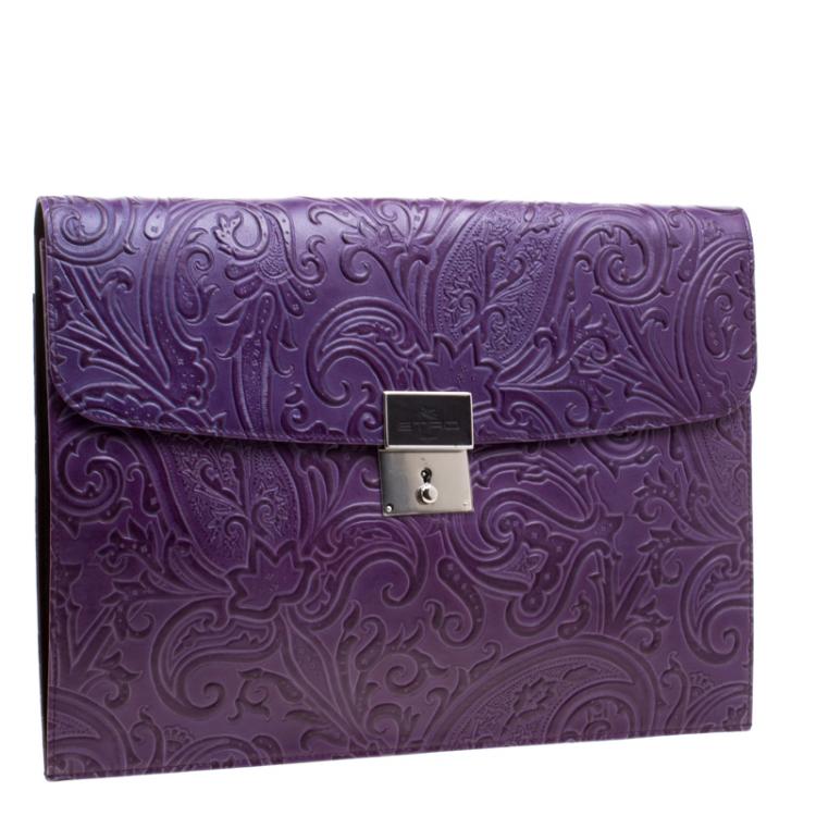 Pre Owned Etro Purple Paisley Embossed Leather Document Case