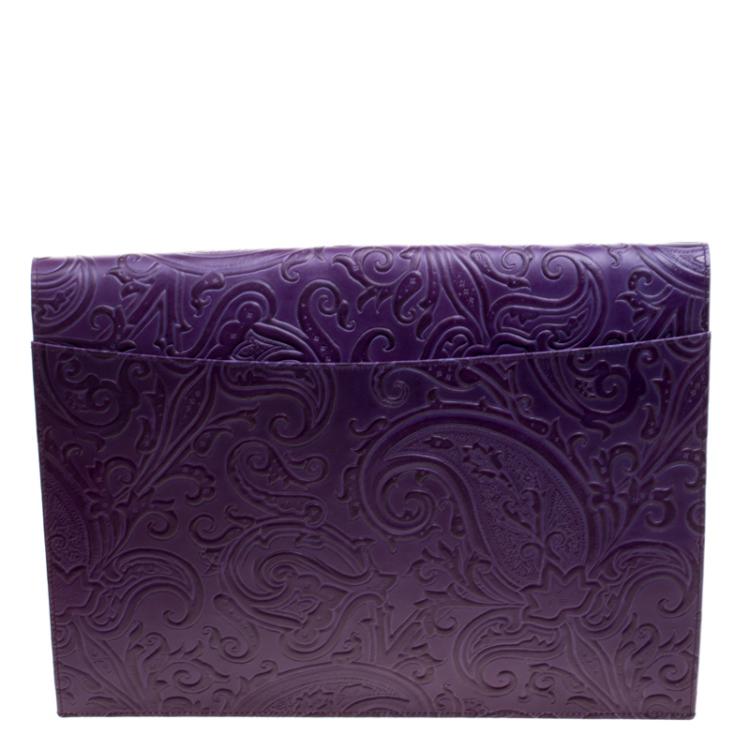 Pre Owned Etro Purple Paisley Embossed Leather Document Case