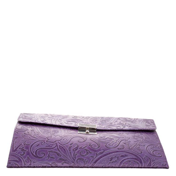 Pre Owned Etro Purple Paisley Embossed Leather Document Case
