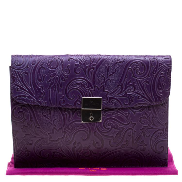 Pre Owned Etro Purple Paisley Embossed Leather Document Case