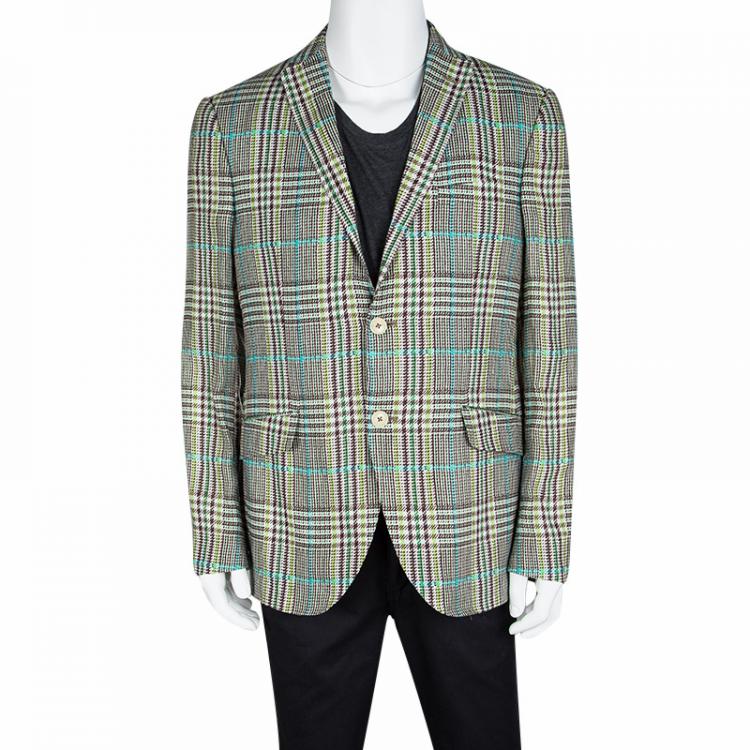 Pre Owned Etro Multicolor Linen Glen Plaid Superleggera Blazer L