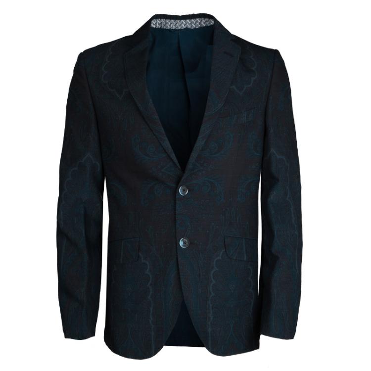 Pre Owned Etro Navy Blue and Black Paisley Printed Wool Superleggera Minerva Blazer L