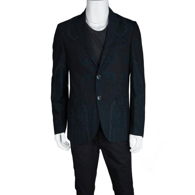 Pre Owned Etro Navy Blue and Black Paisley Printed Wool Superleggera Minerva Blazer L